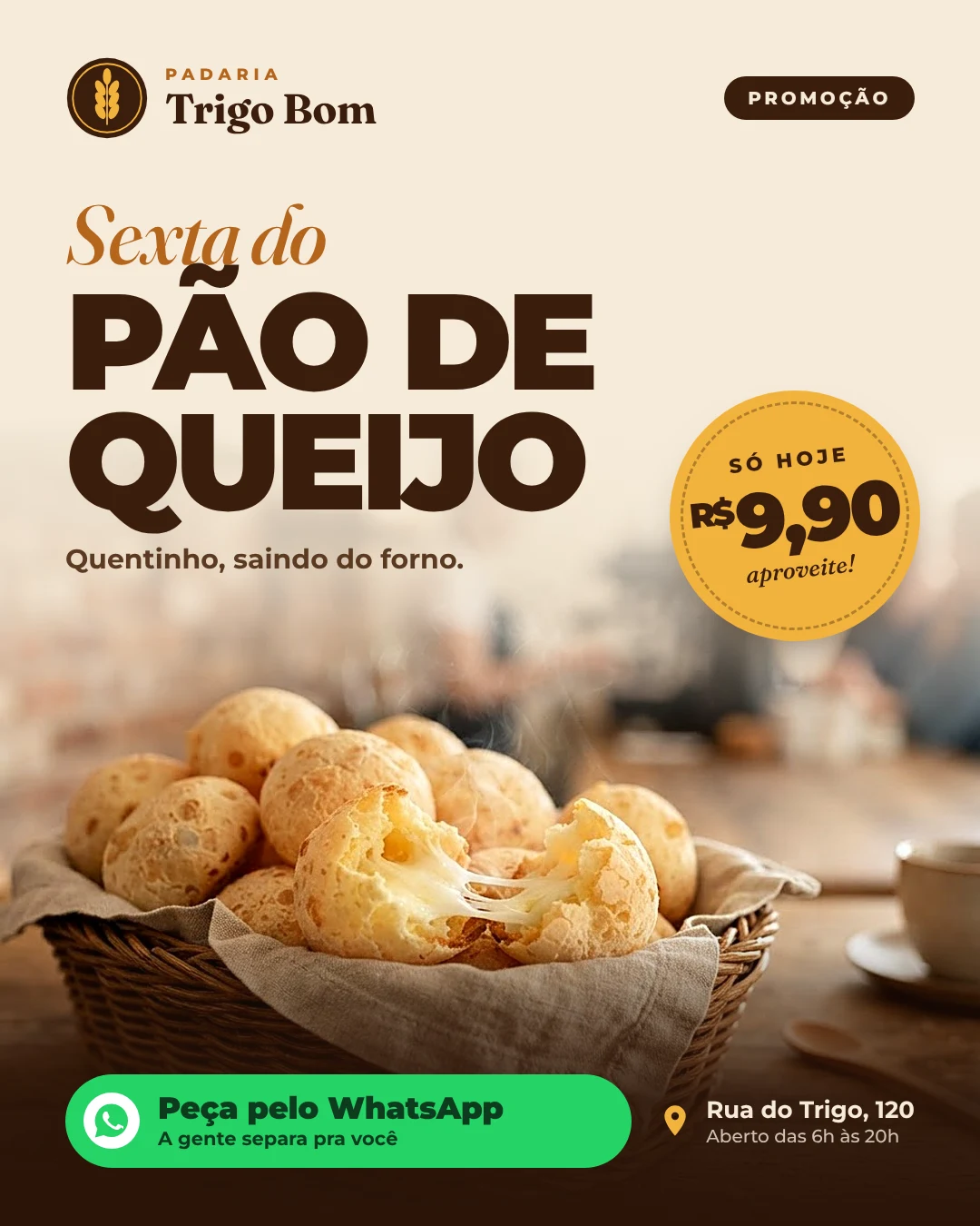A mesma promoção feita pelo Noé: logo da padaria, título claro, selo de preço, WhatsApp e endereço bem organizados