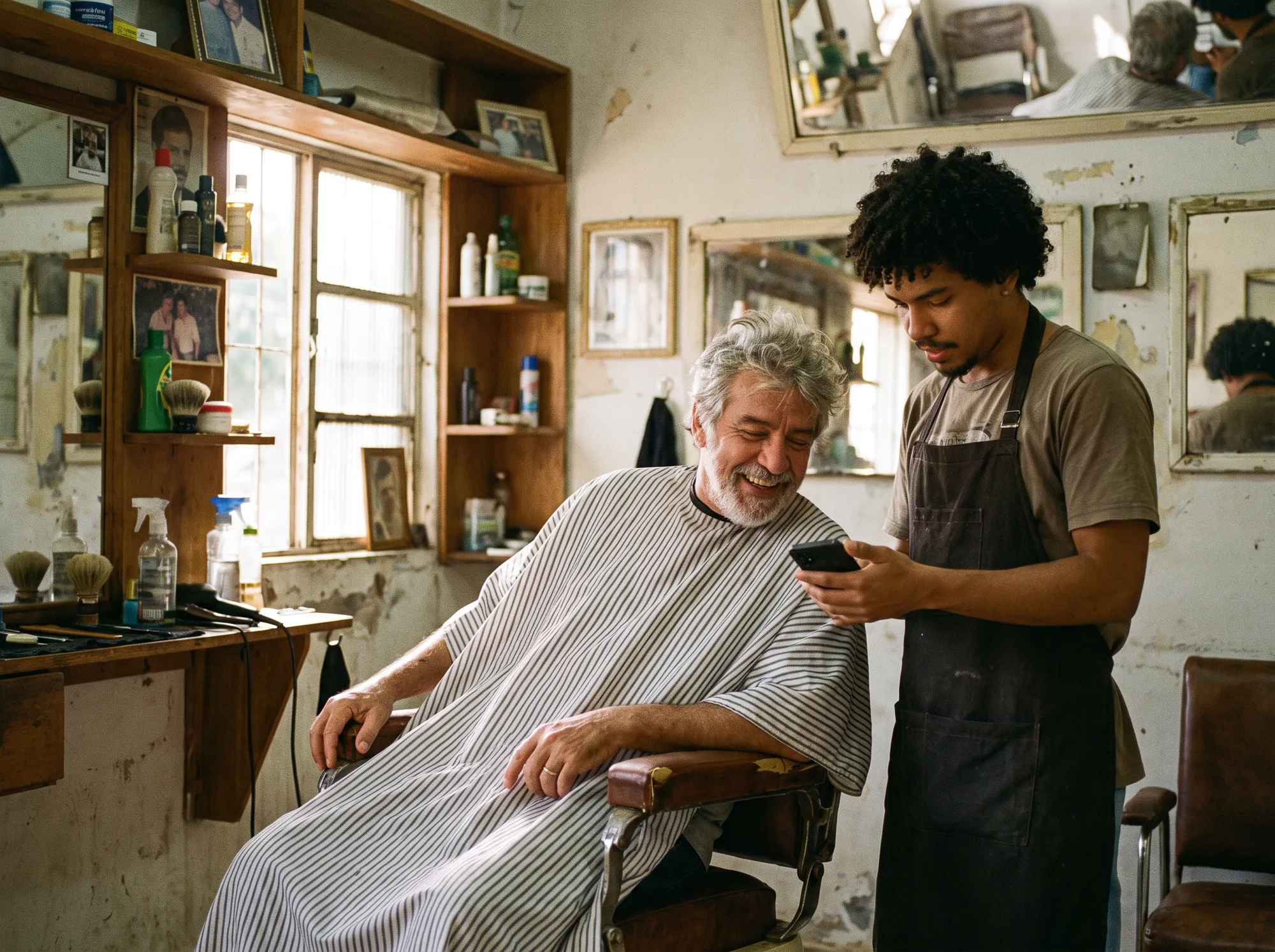 Barbeiro mostrando a arte pronta no celular para um cliente de cabelo grisalho, sentado na cadeira