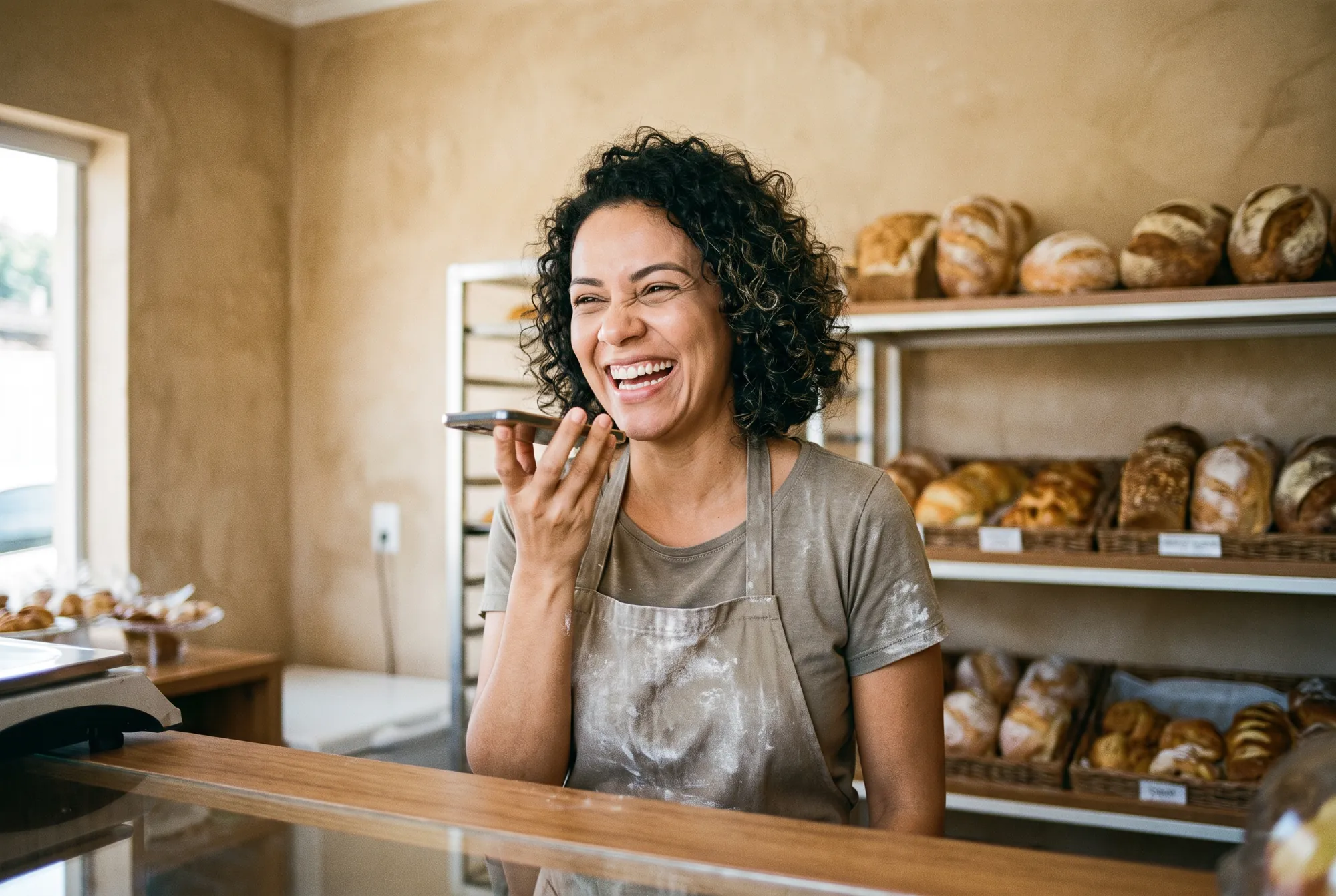 Dona de padaria rindo enquanto grava um áudio no celular, atrás do balcão